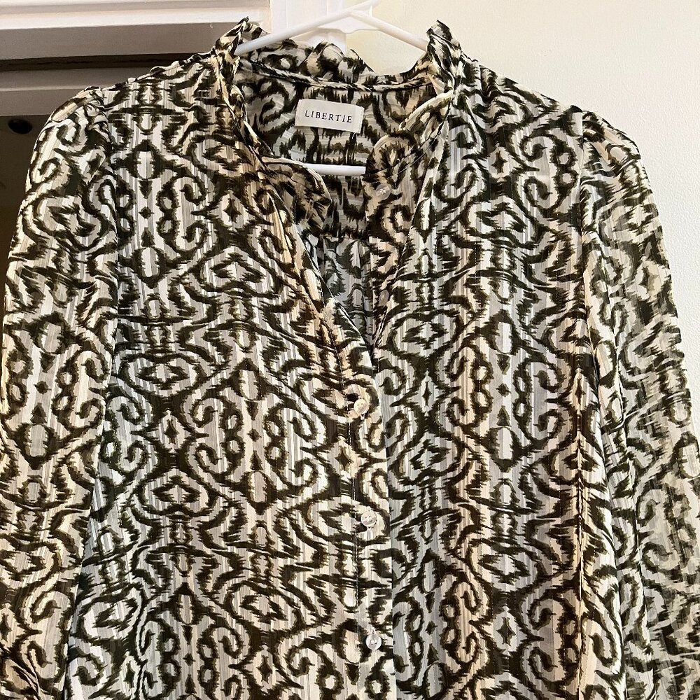LIBERTIE Green & White Abstract Blouse – Purchased in Bordeaux, France 🇫🇷